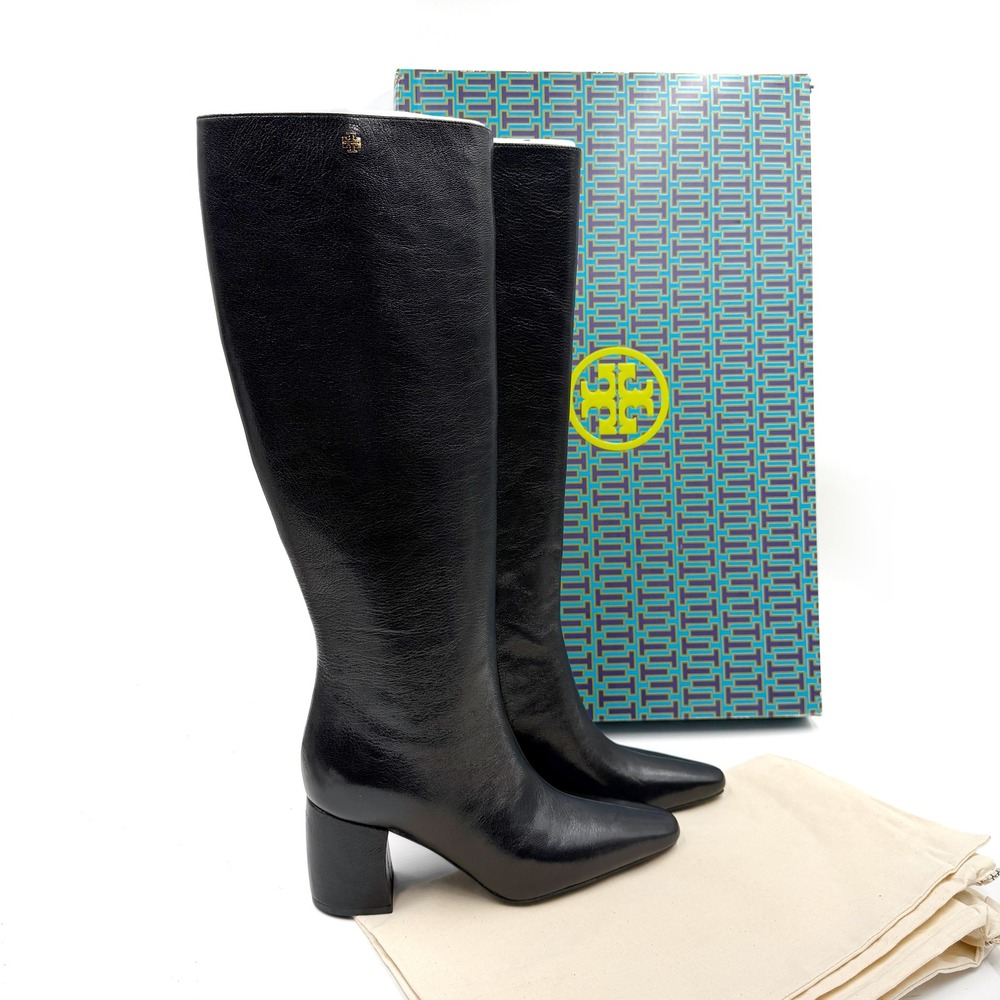 Tory Burch Banana Boots Black Leather Knee High Square Toe Women Sz 7